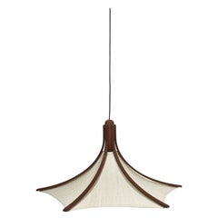 Teak And Linen Umbrella Counter Balance Pendant By Domus, 1970s