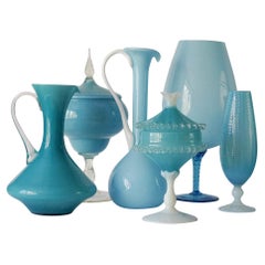 1960s Mid-Century Italian Sky Blue Cased Empoli Glass Pitchers Vases Jars
