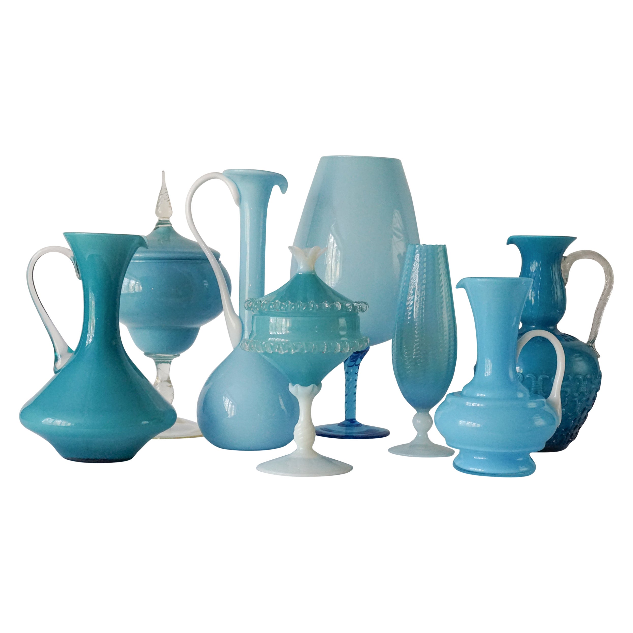 1960s Mid-Century Italian Sky Blue Cased Empoli Glass Pitchers Vases Jars