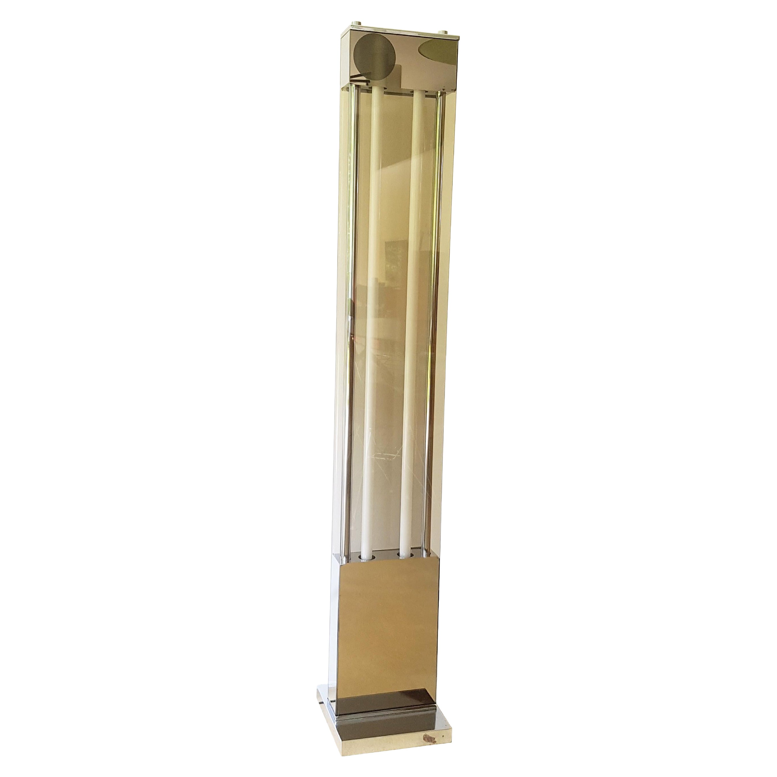 Chrome-Plated Metal & smoked glass 1970s 2 neon floor lamp
