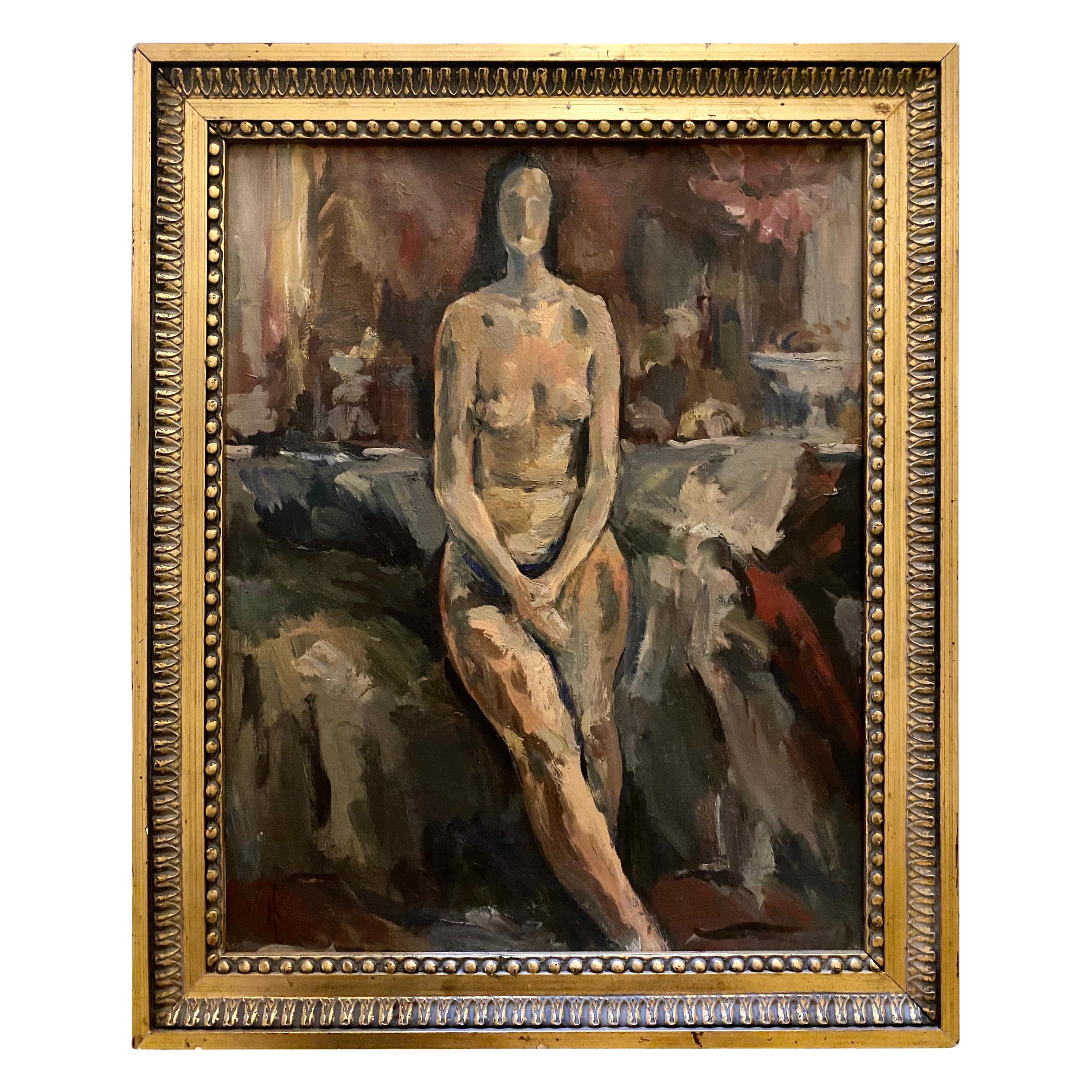 Nude woman oil painting post Fauvisme , France 1950s For Sale