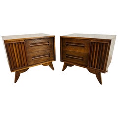 Mid-Century Modern Sliding Door Walnut Nightstands - Set of 2