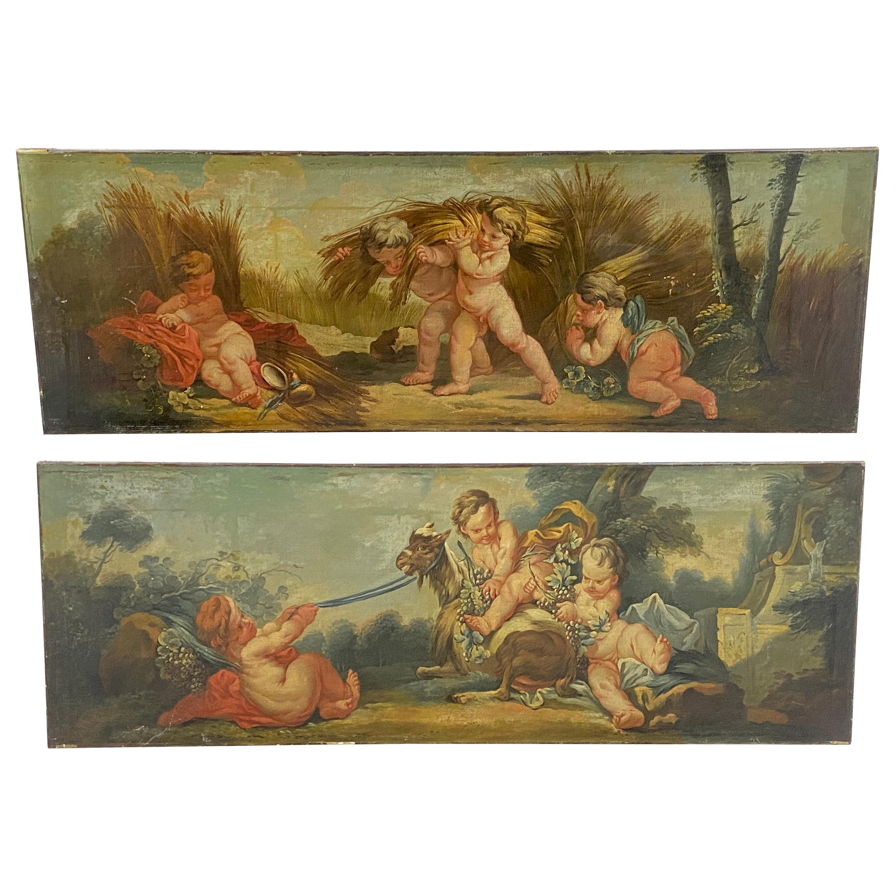Antique French Pair of large Oils on Canvas  Painting of Cherubs 18eme Century For Sale