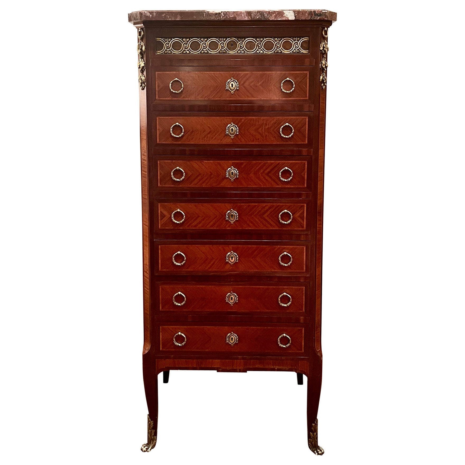 Antique French Marble-Top Mahogany & Gold Bronze Semainier Chest, Circa 1890. For Sale