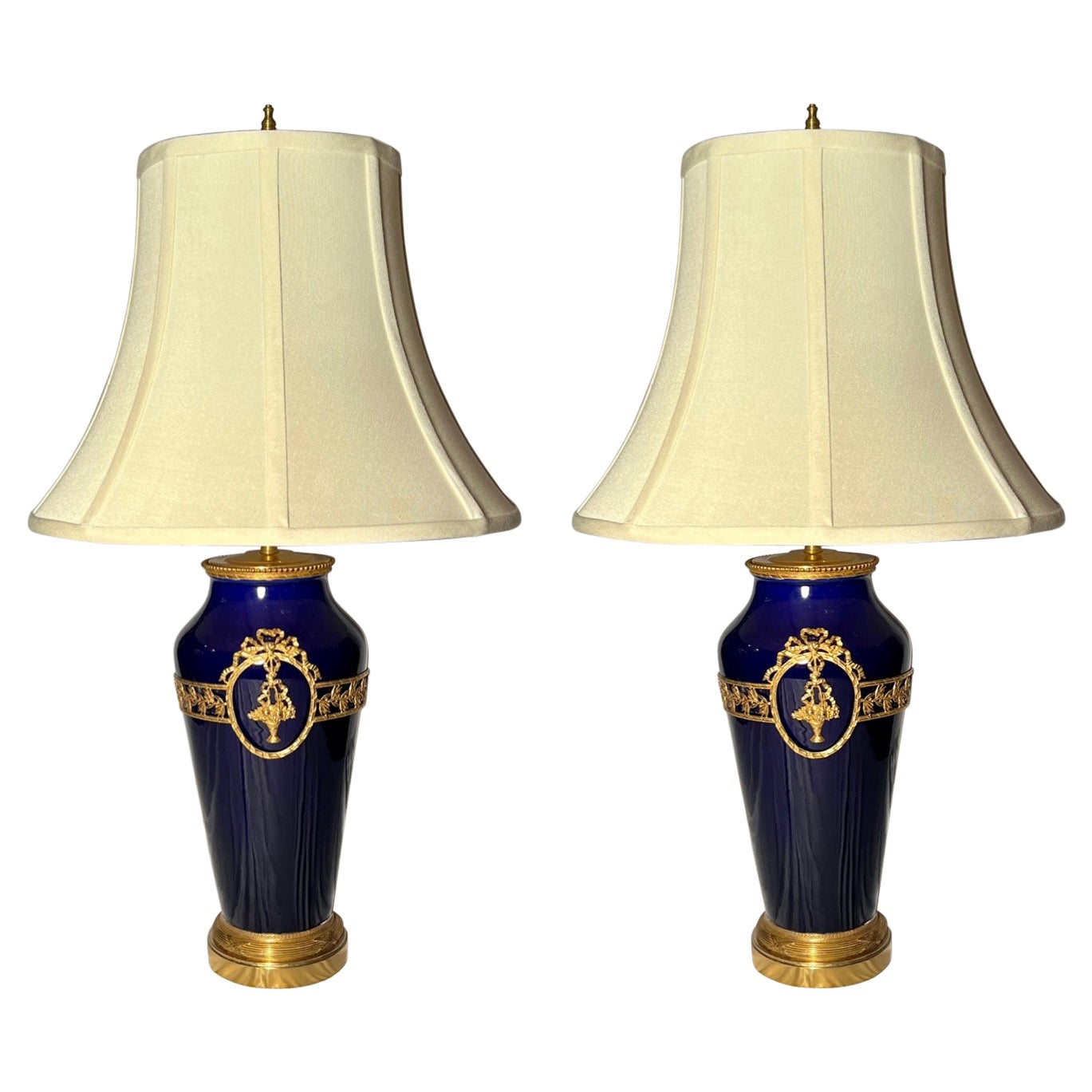 Pair Antique French Ormolu and Cobalt Blue Enameled Porcelain Lamps, Circa 1890  For Sale