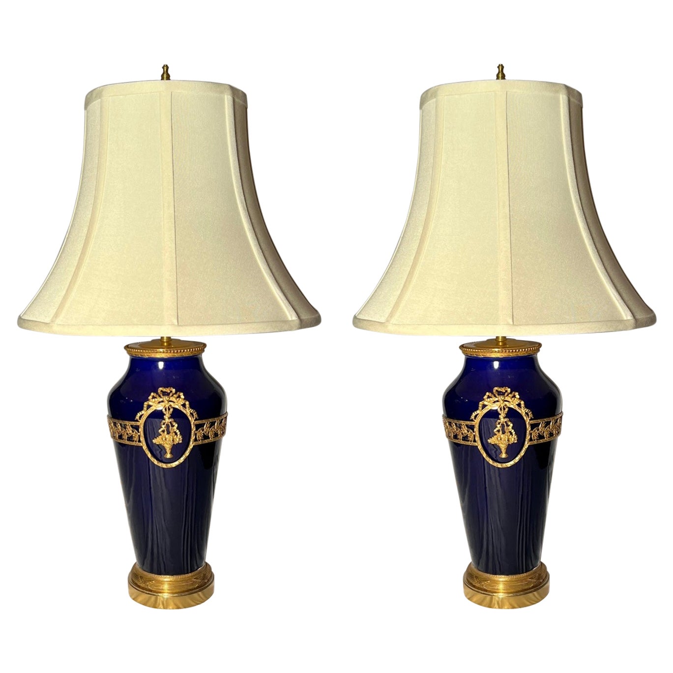 Pair Antique French Ormolu and Cobalt Blue Enameled Porcelain Lamps, Circa 1890 