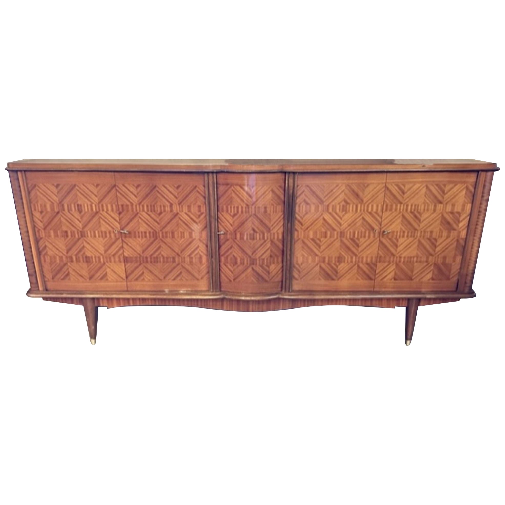 Mid Century German Art Deco Mahogany and Brass Patterned Sideboard For Sale