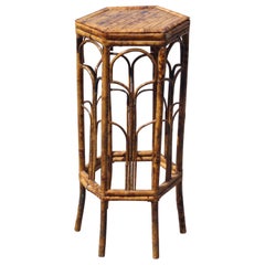 Burnt Tortoise Bamboo Rattan Hexagonal Plant Stand, Circa 1970
