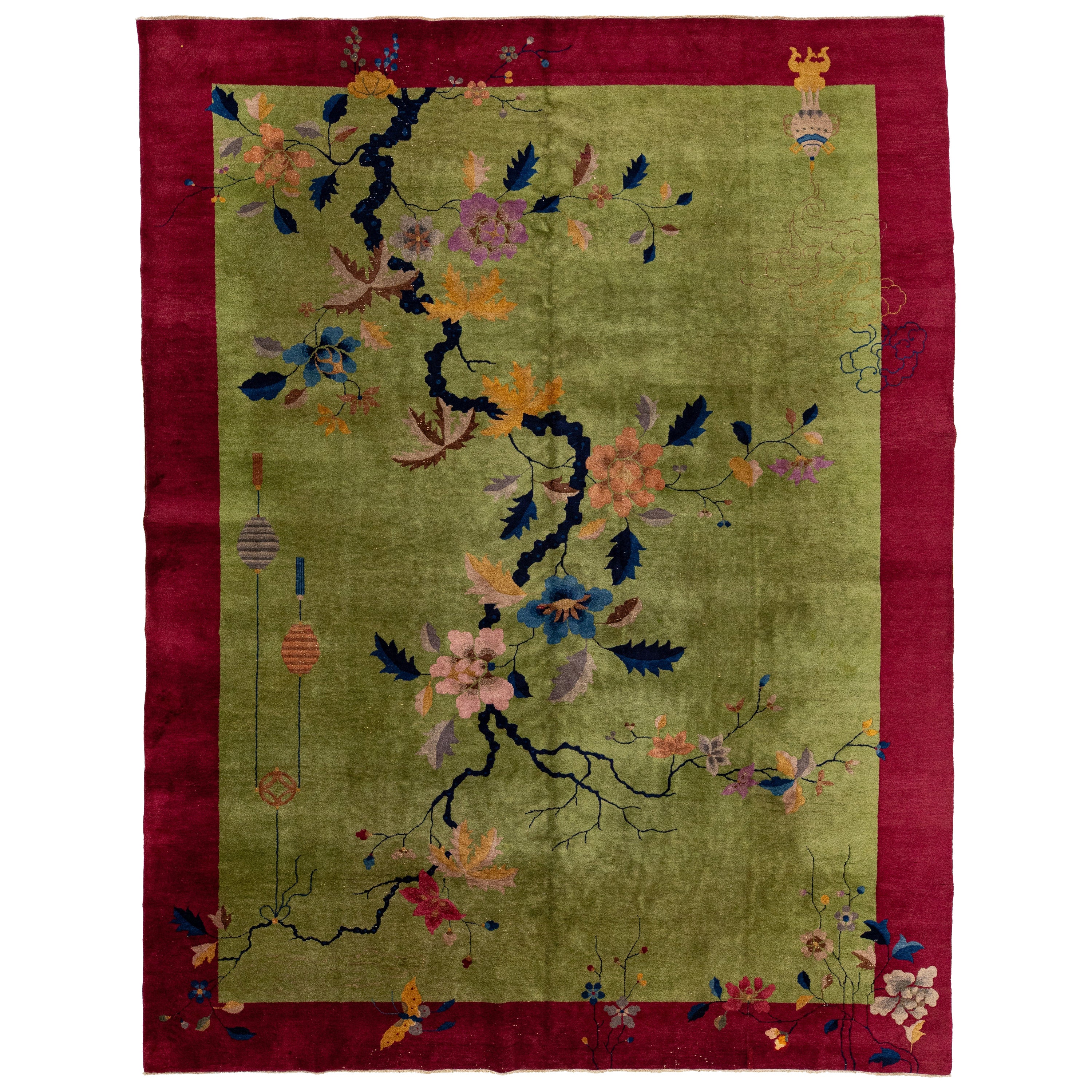 Antique Green Chinese Art Deco Rug with Multoclor Floral Design For Sale