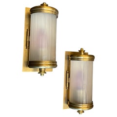 Wonderful Pair Vintage Vaughan Bronze & Curved Frosted Glass Lantern Sconces