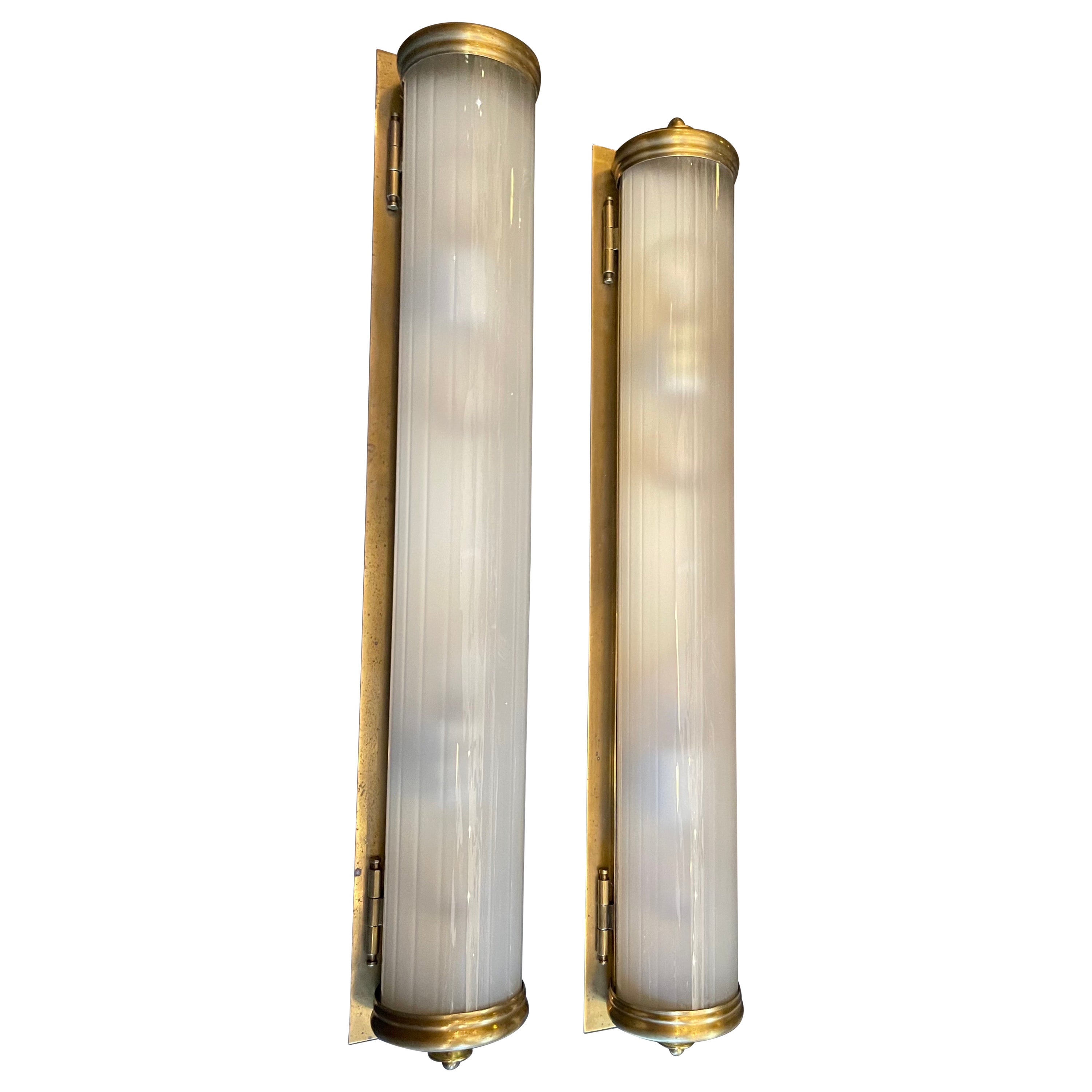 Wonderful Large Pair Vintage Vaughan Bronze Curved Frosted Glass Lantern Sconces For Sale