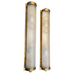 Wonderful Large Pair Vintage Vaughan Bronze Curved Frosted Glass Lantern Sconces