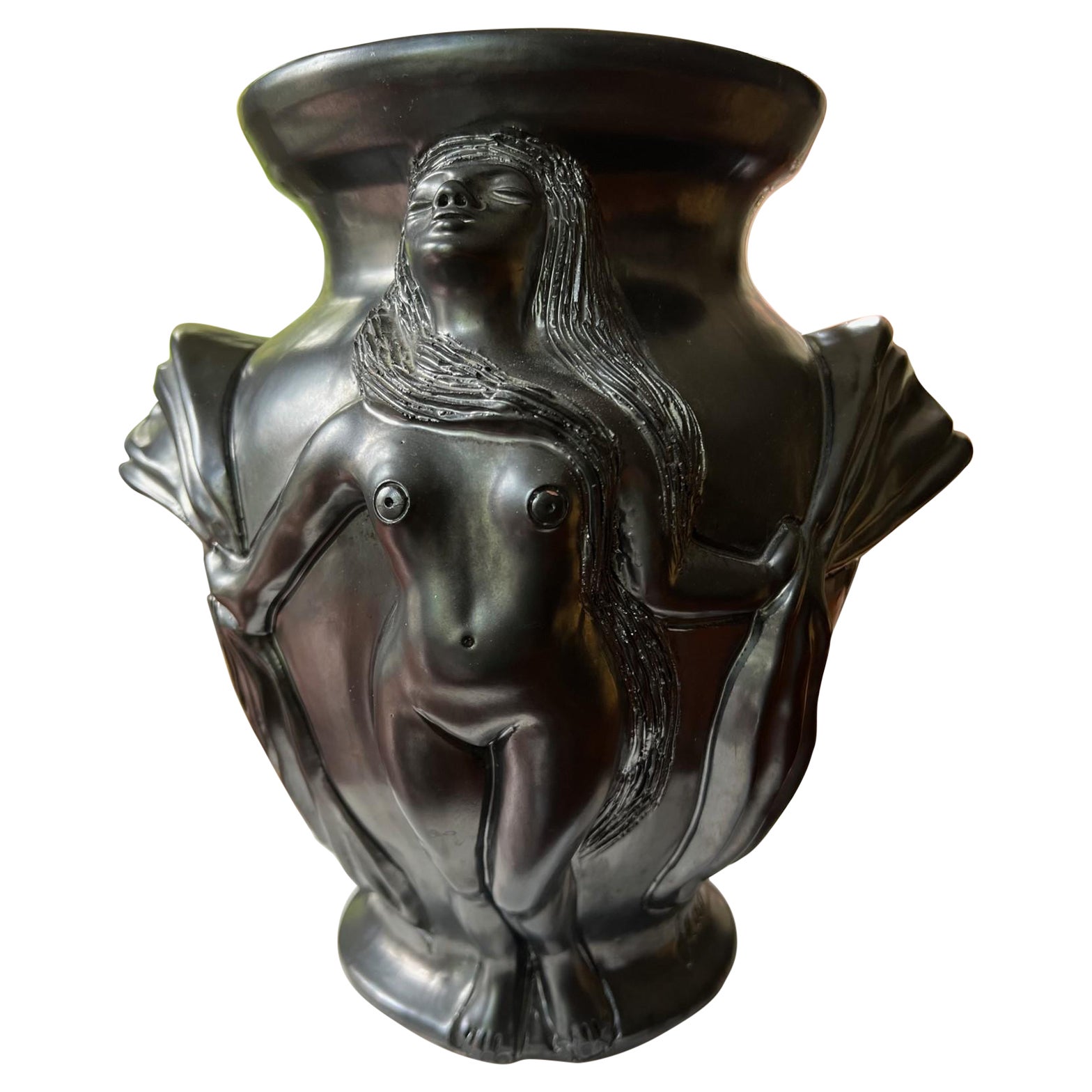 20th C. Signed Jean Marais Pewter Finished Terracotta Vase of Two Nudes inc Book