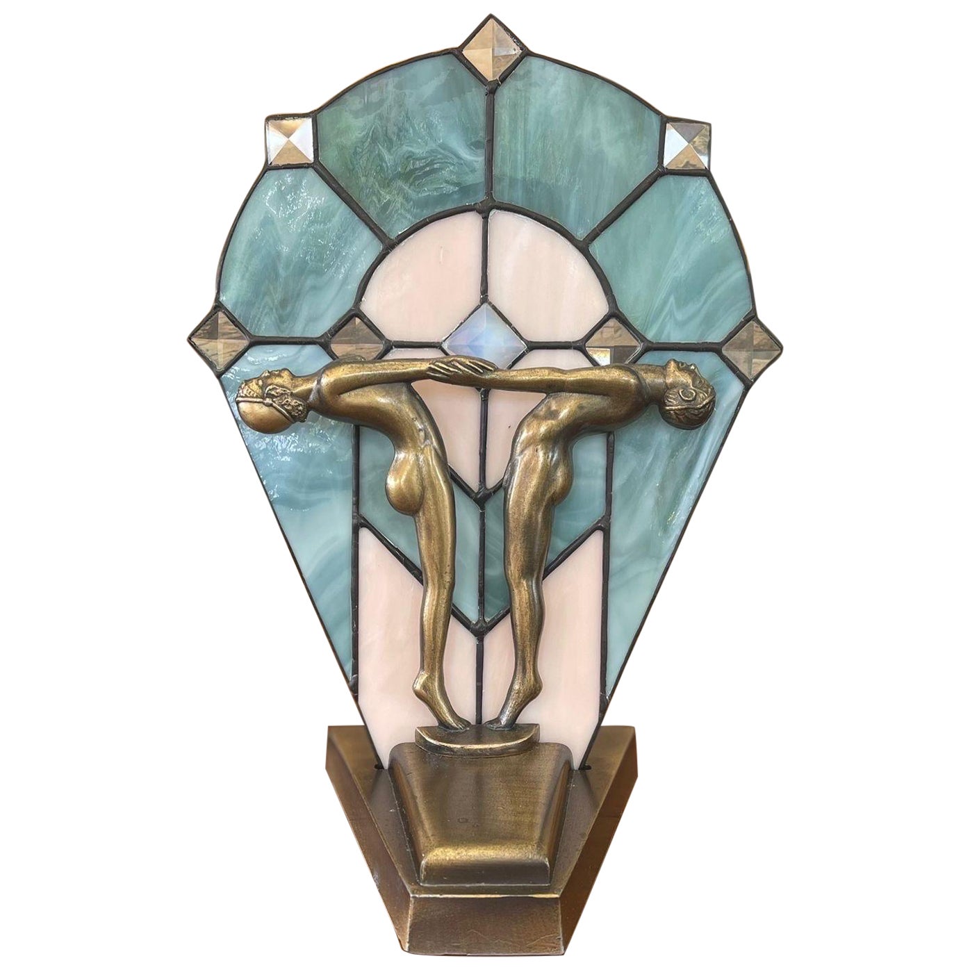 Blaue Vintage-Lampe mit Aktfigur aus Buntglas im Art déco-Stil 