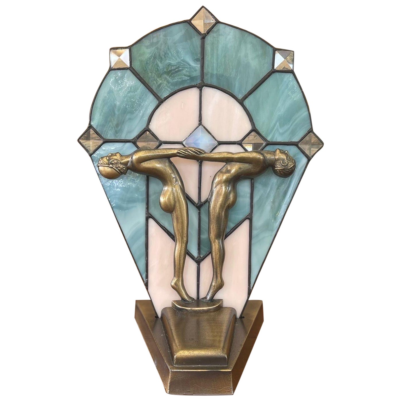 Vintage Art Deco Stained Glass Nude Figurine Blue Lamp