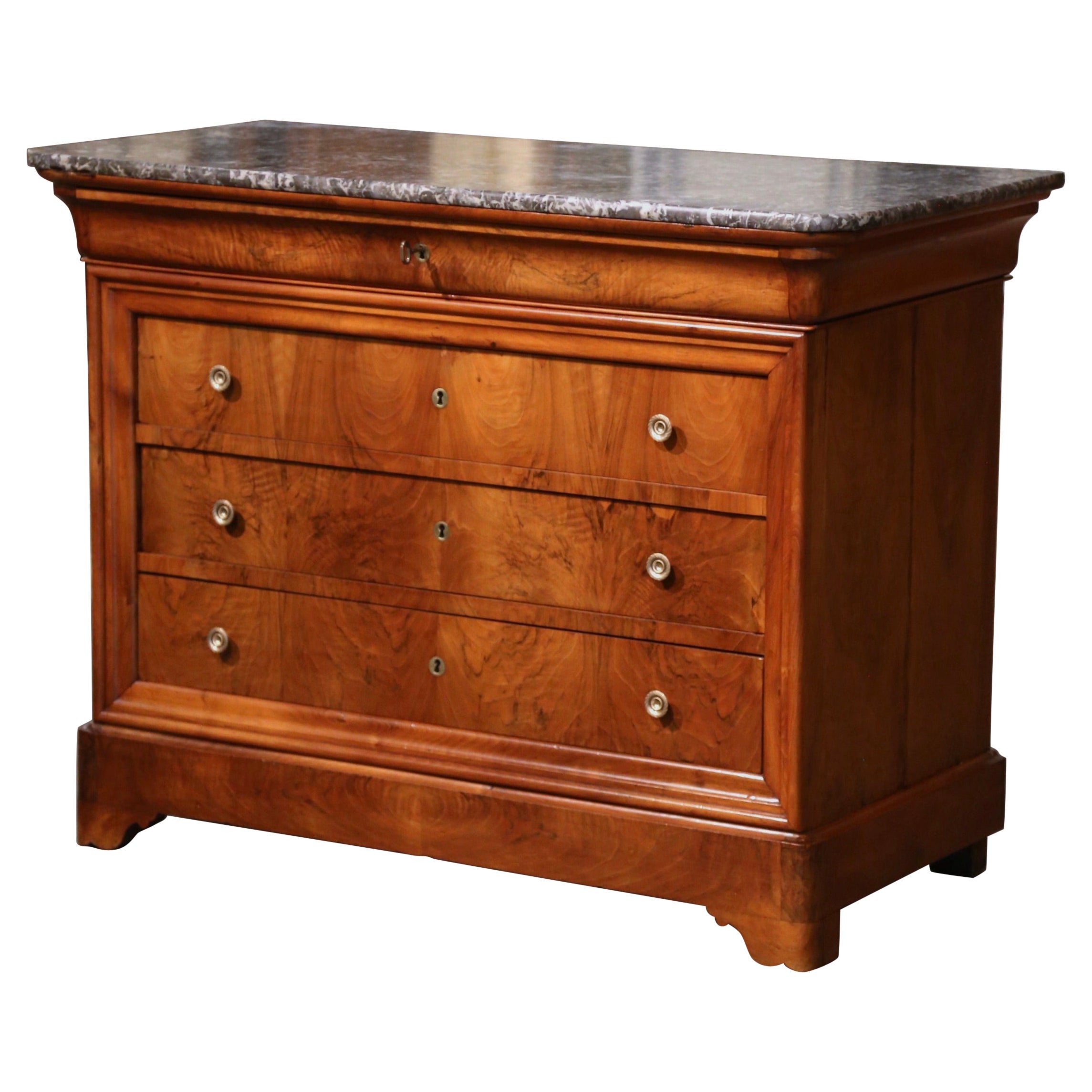 Mid-19th Century French Louis Philippe Marble Top Walnut Four-Drawer Chest For Sale