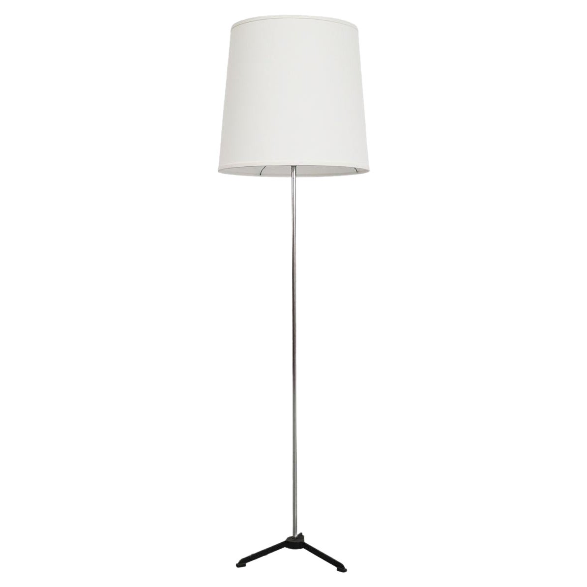Mid-Century Floor Lamp w/ New White Tapered Drum Shade, Chrome Stem & Black Base For Sale