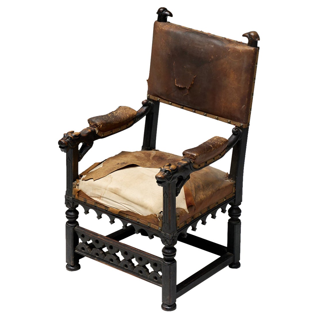 Carved Throne Armchair in Gothic Style, France, 20th Century