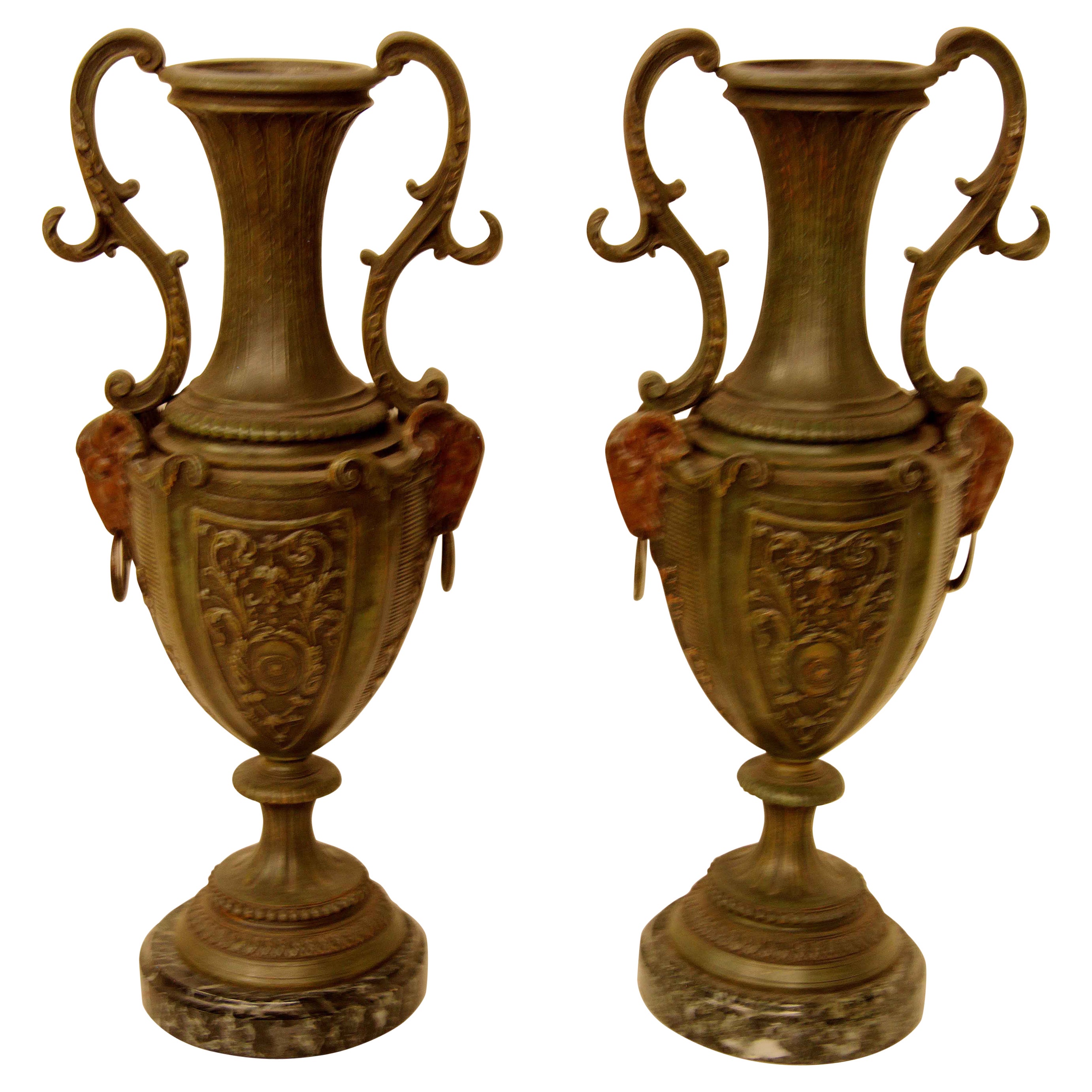 Pair of Spelter and Marble Vases For Sale