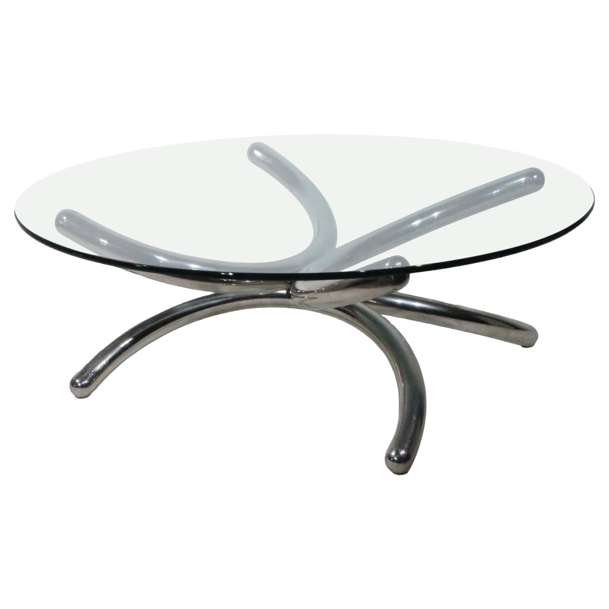  Round Chrome and Glass Coffee Cocktail Table c 1960/70s possibly Paul Tuttle  For Sale