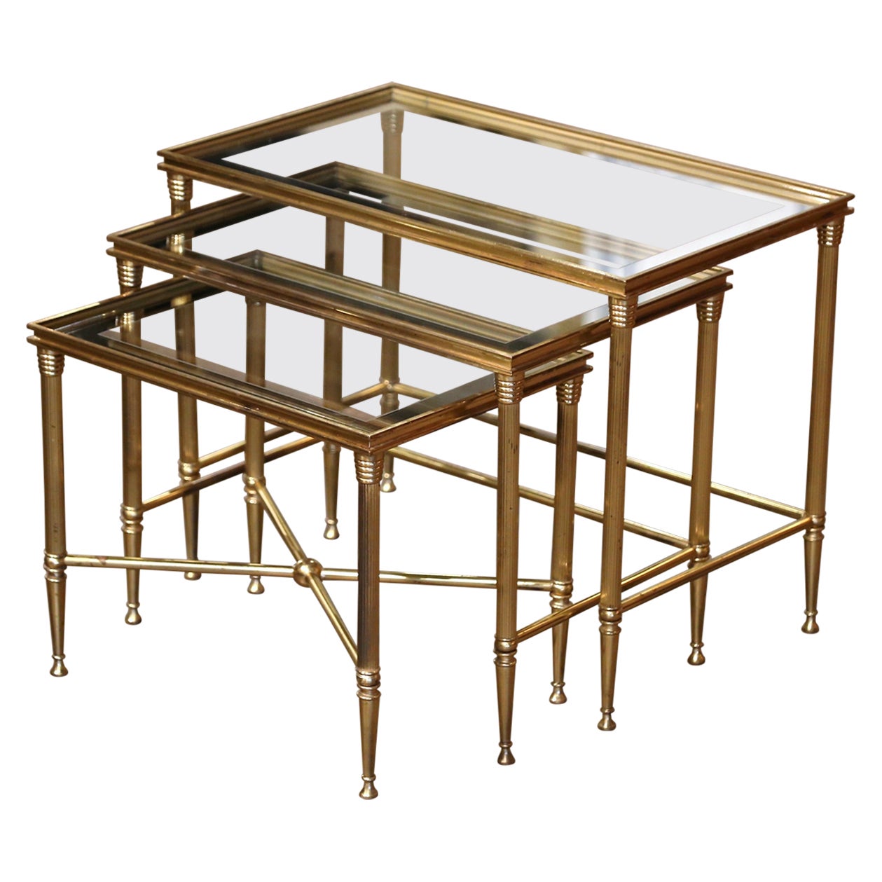 Mid-Century French Louis XVI Glass Top and Brass Nesting Tables Baguès Style For Sale