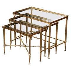 Mid-Century French Louis XVI Glass Top and Brass Nesting Tables Baguès Style