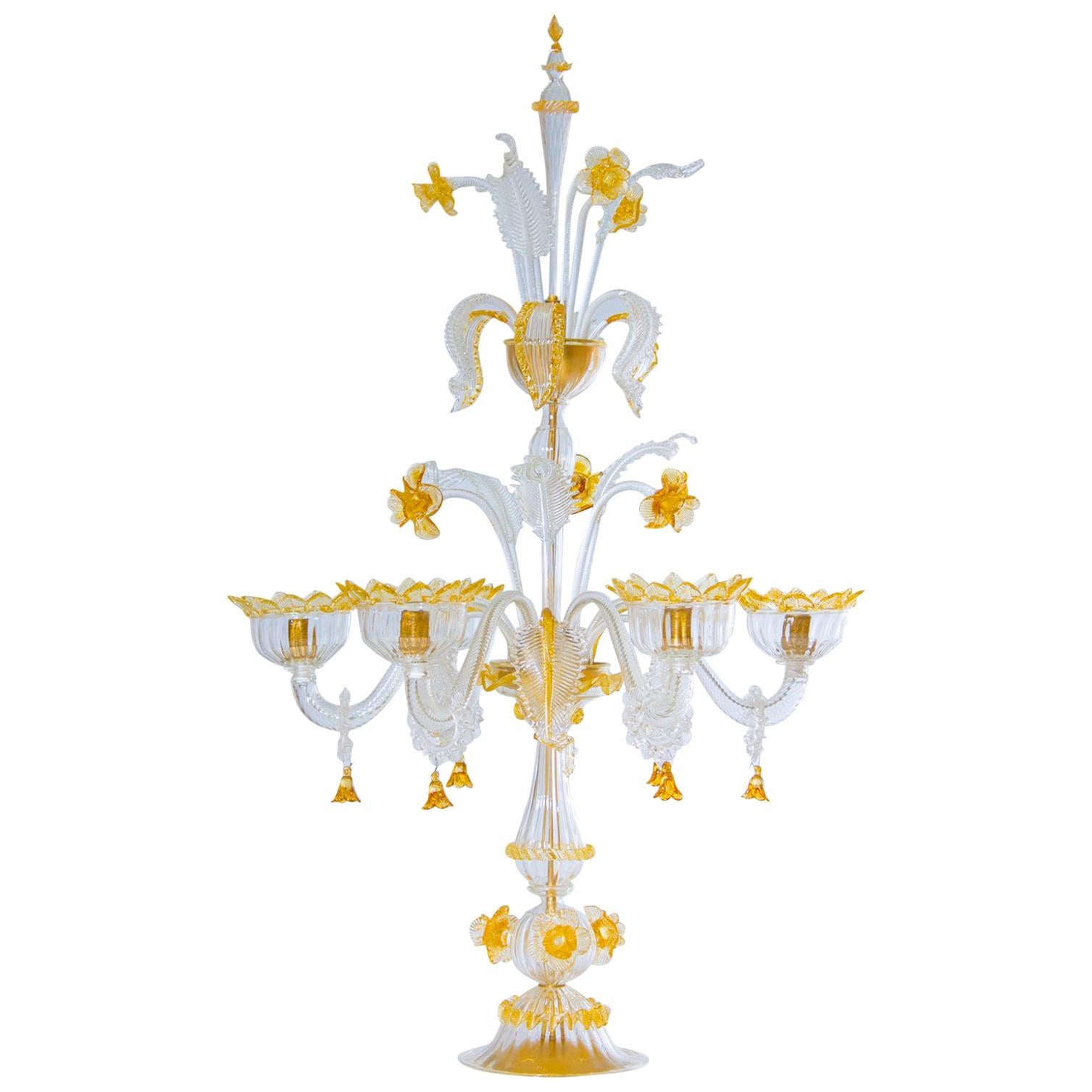 Italian Venetian, Table Lamp Flambeau, Blown Murano Glass, Amber White, 1990s