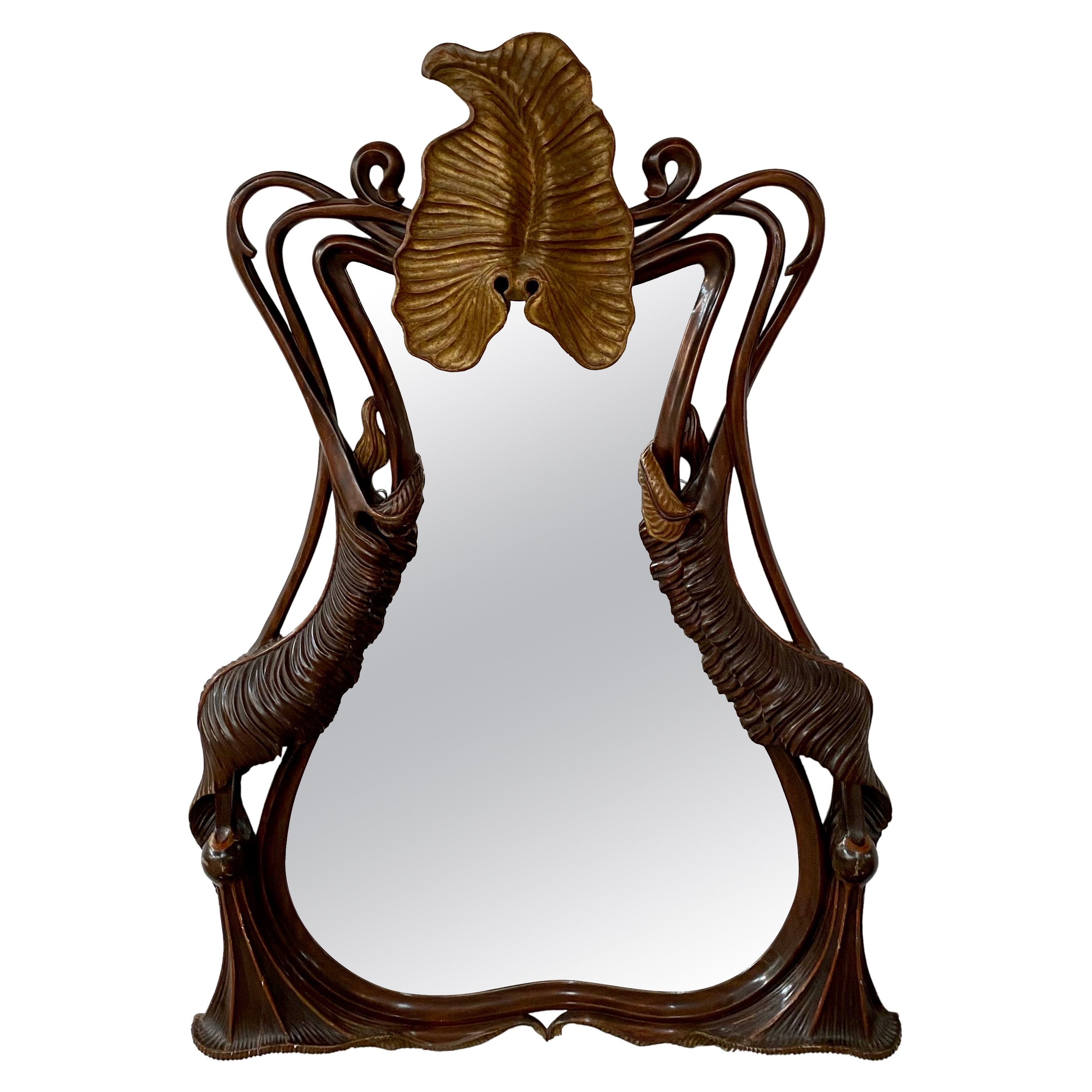 French Art Nouveau Mahogany Frame Mirror in Butterfly Shape 