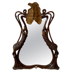French Art Nouveau Mahogany Frame Mirror in Butterfly Shape 
