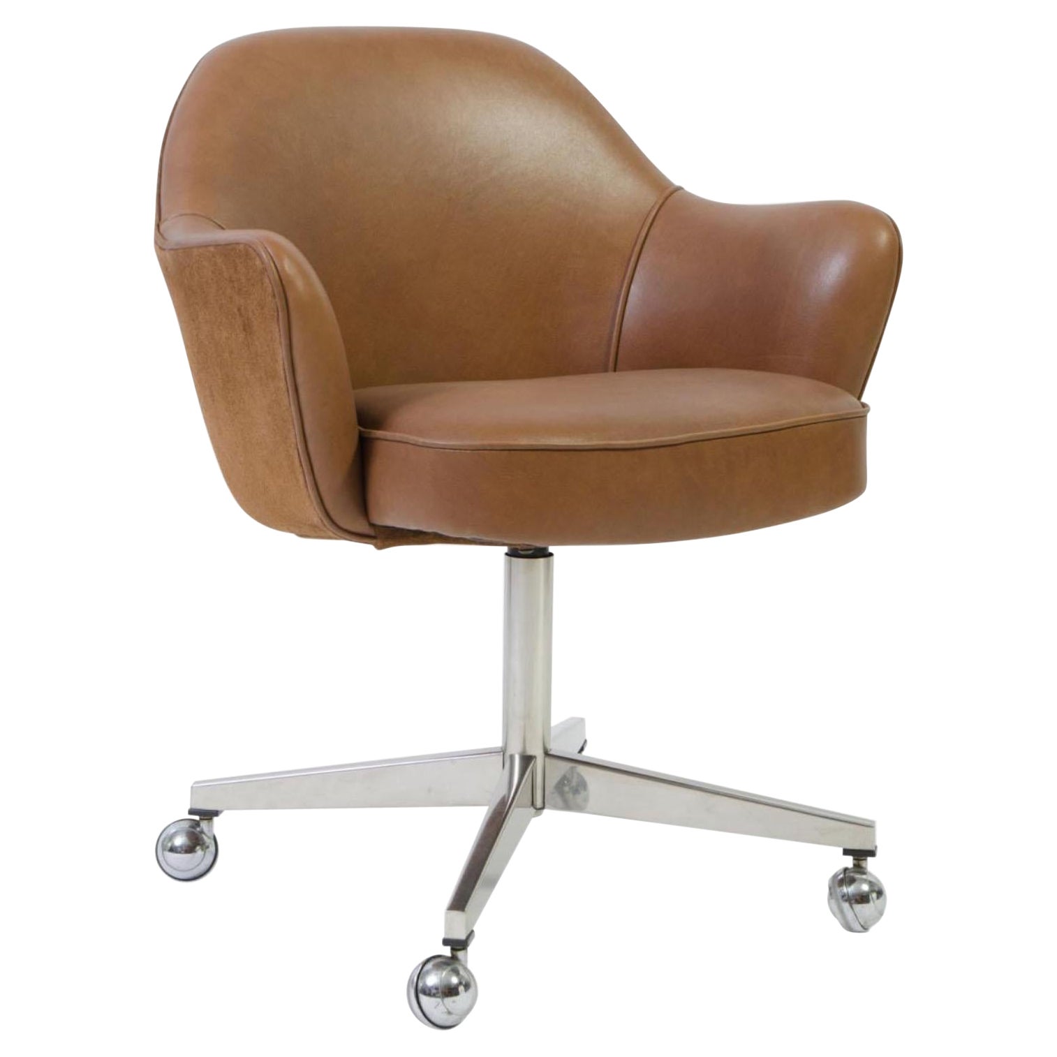 Chaise de bureau Knoll en cuir/suède de selle contrasté, base pivotante vintage en vente