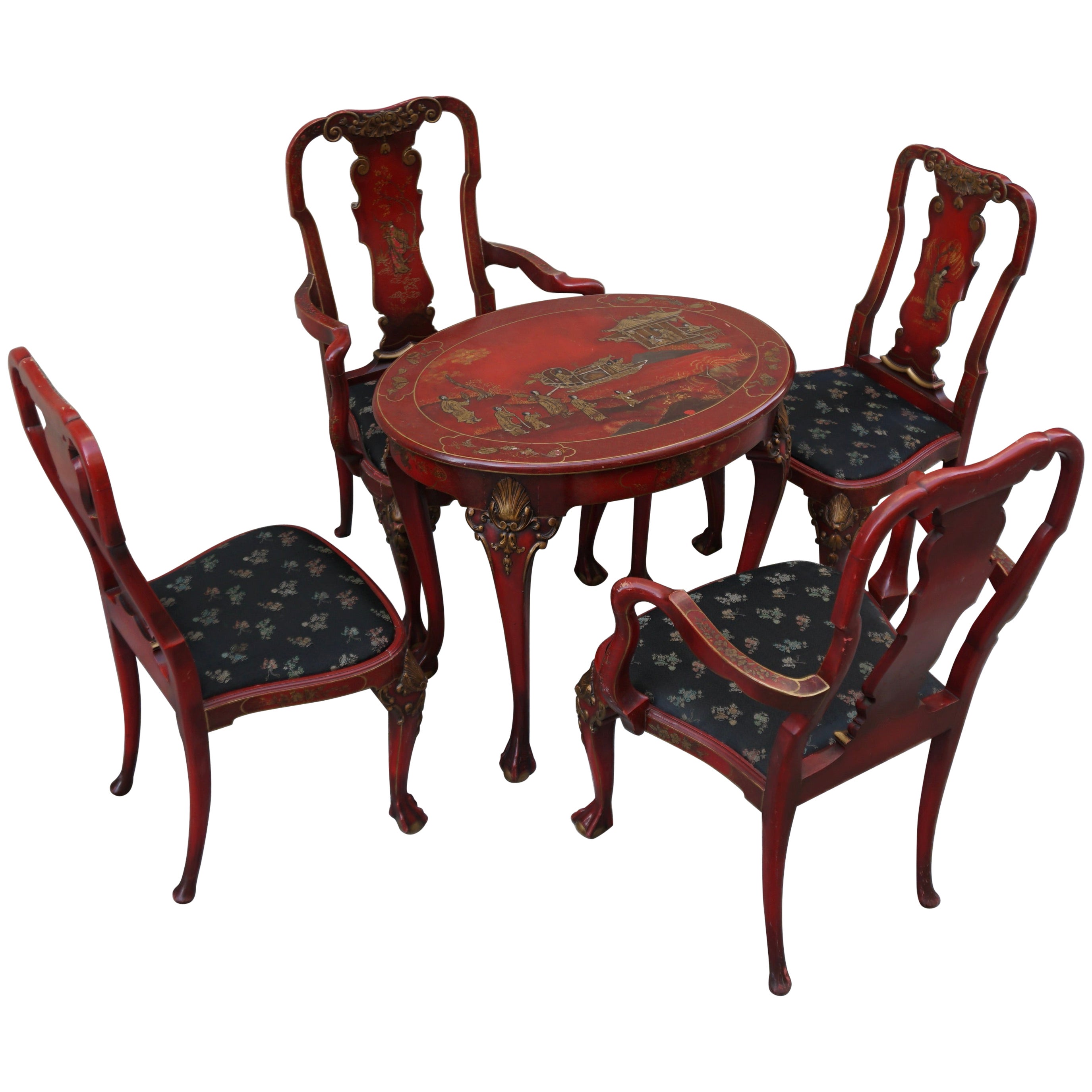 Red Lacquered Chinese Chippendale Table with Four Chairs For Sale