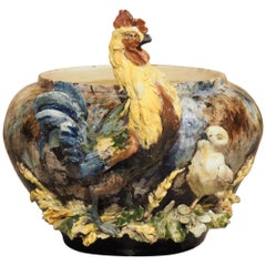 Antique French Barbotine Cachepot, "Le Coq Gaulois", Circa 1880