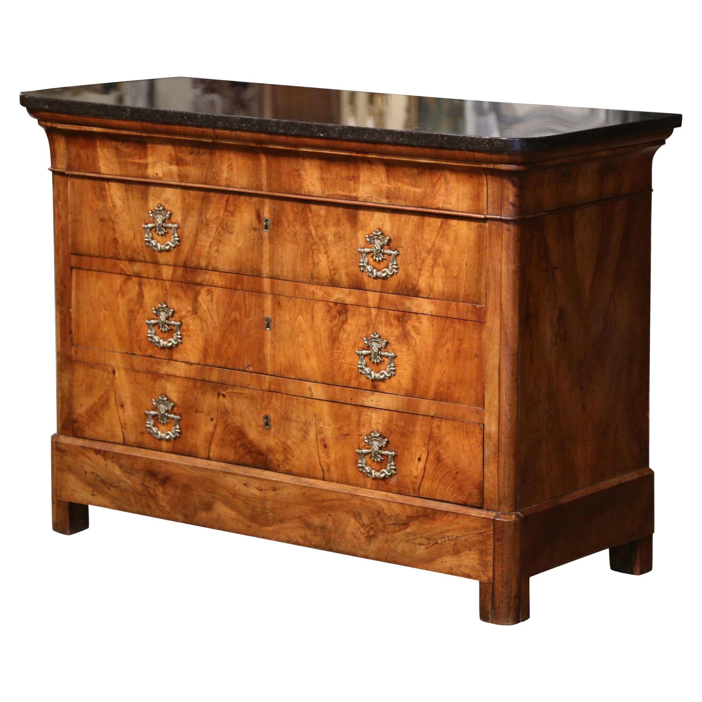 Mid-19th Century French Charles X Marble Top Walnut Four-Drawer Chest For Sale