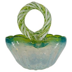 Vintage Cenedese Murano glass green opaline circa 1950 basket.