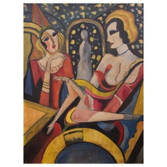 Colorful Fauvist Oil Painting Ladies at the Cafe Mid 20th Century
