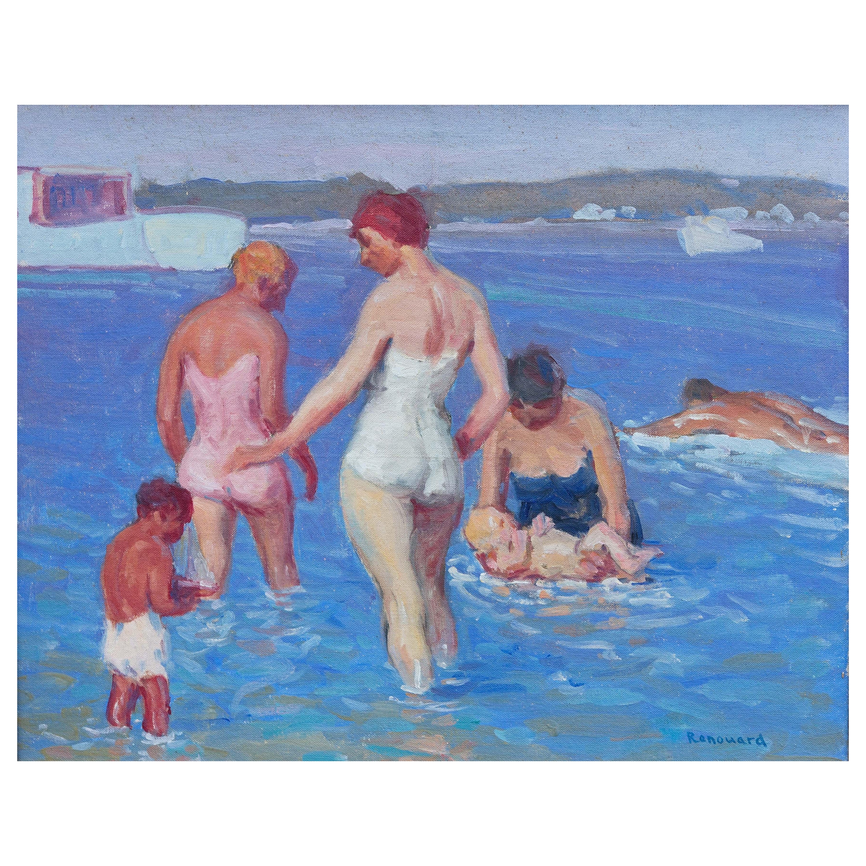 Impressionist Painting Beach Scene by George Renouard For Sale