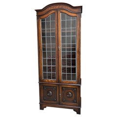 Antique English Leaded Glass Door Bookcase Display Cabinet Oak Jacobean Dome Top