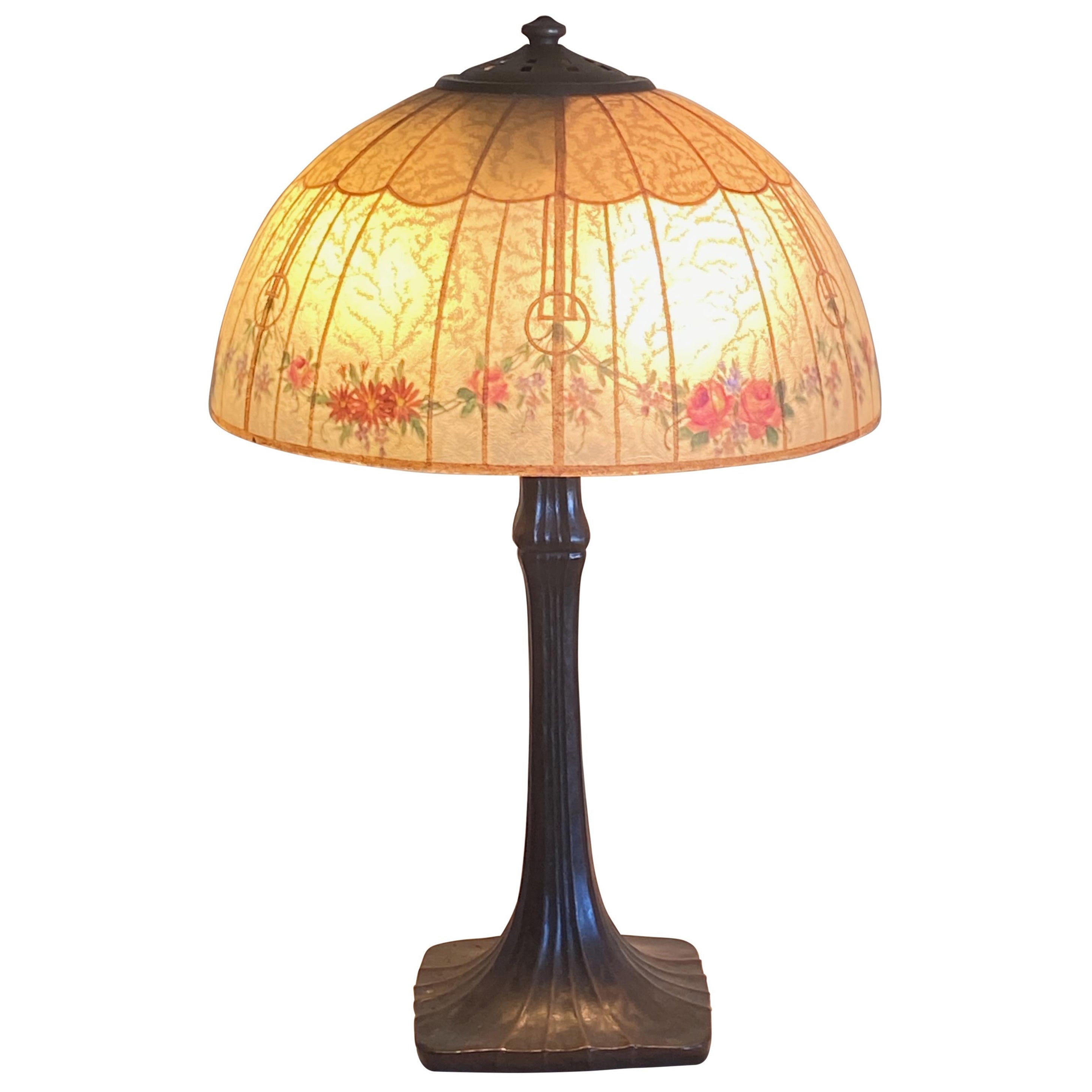 Antique Arts and Crafts Era Handel Lamp with Hand Painted Shade Circa 1910  For Sale