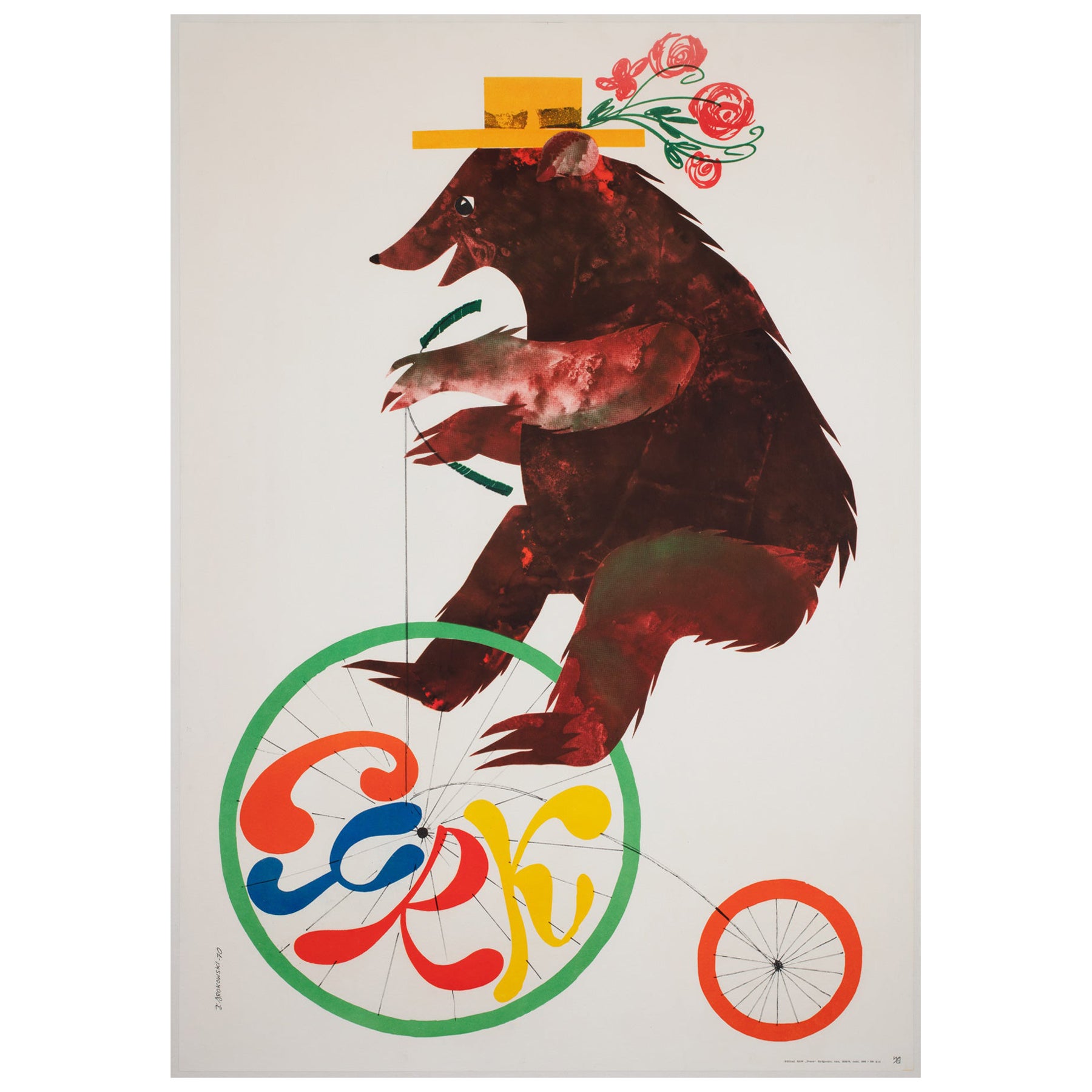 Polish, Cyrk/Circus Poster, 1970, Vintage, Bear Riding Penny Farthing, Srokowski For Sale