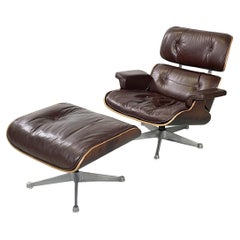 American brown leather wooden lounge chair 670 671 by Eames for Miller, 1970s