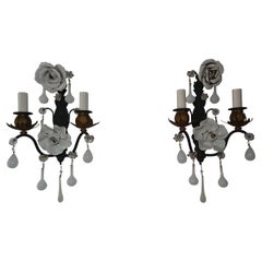 French White Rose Flower Murano Opaline Drops Bronze Sconces, circa 1920
