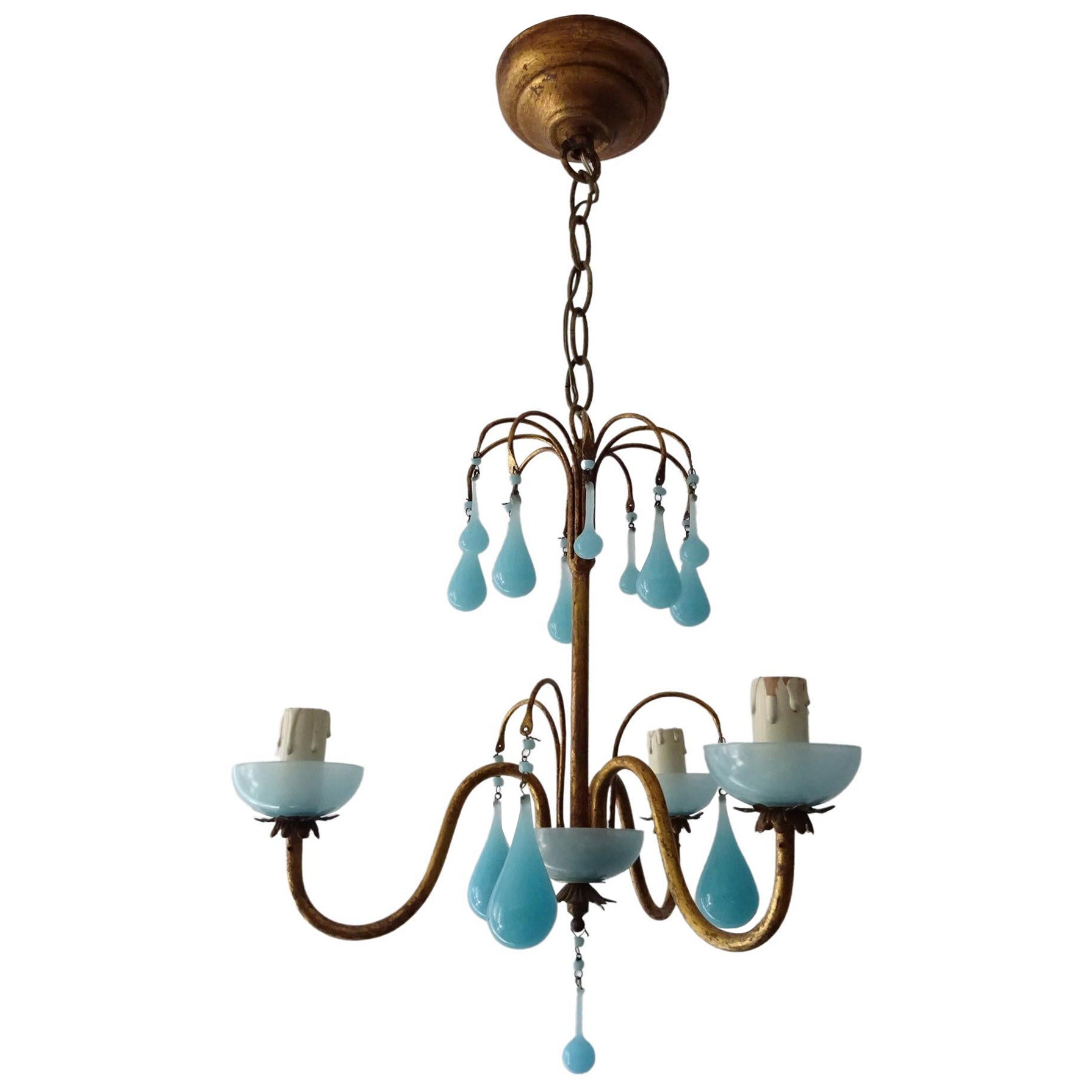 1930 French Blue Opaline Bobeches, Beads and Drops Chandelier