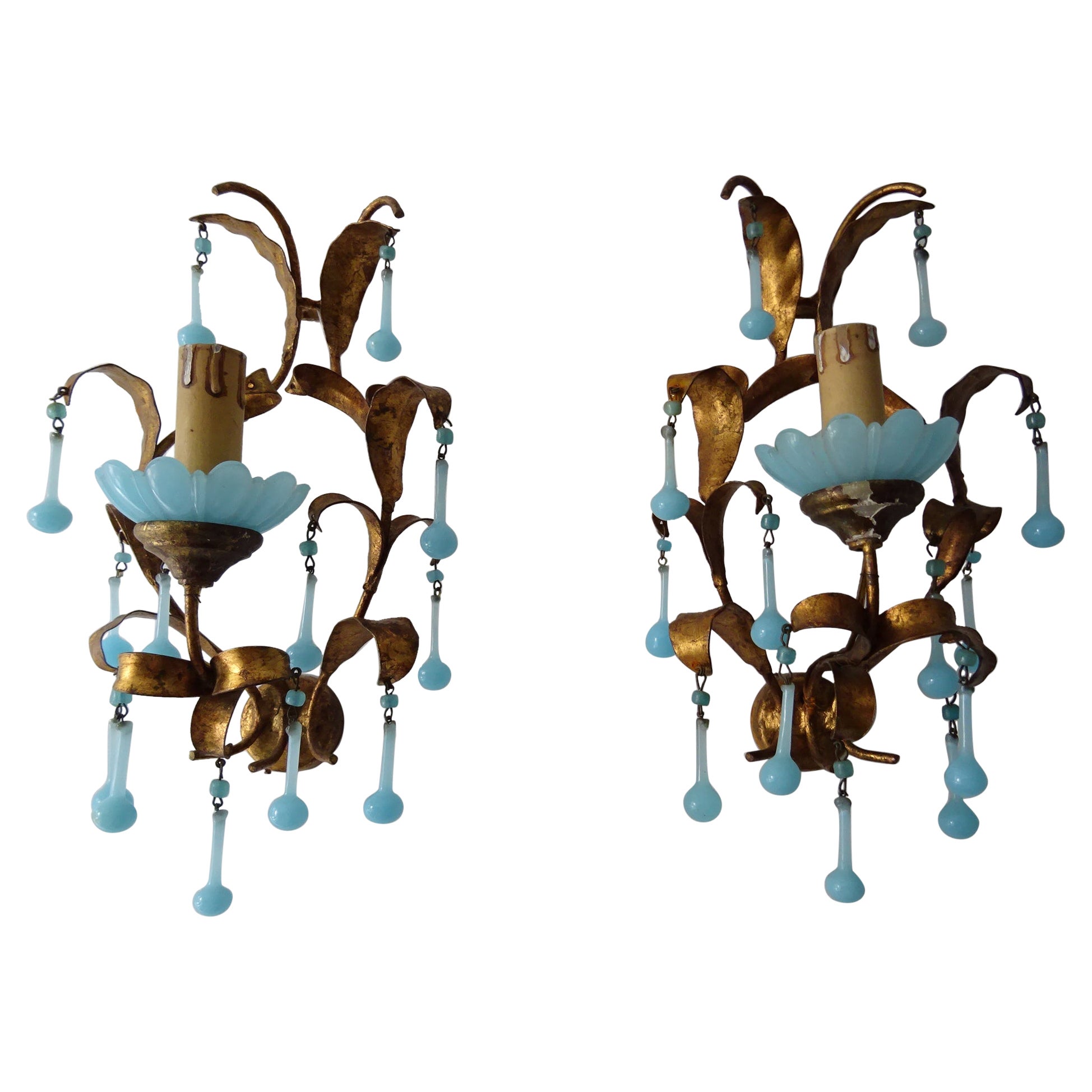 French Tole Aqua Blue Murano Opaline Drops & Beads Bobeches Sconces For Sale