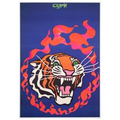 Vintage Original 1970 Polish CYRK ‘Circus’ Poster, Fire Tiger by Tadeusz Jodlowski