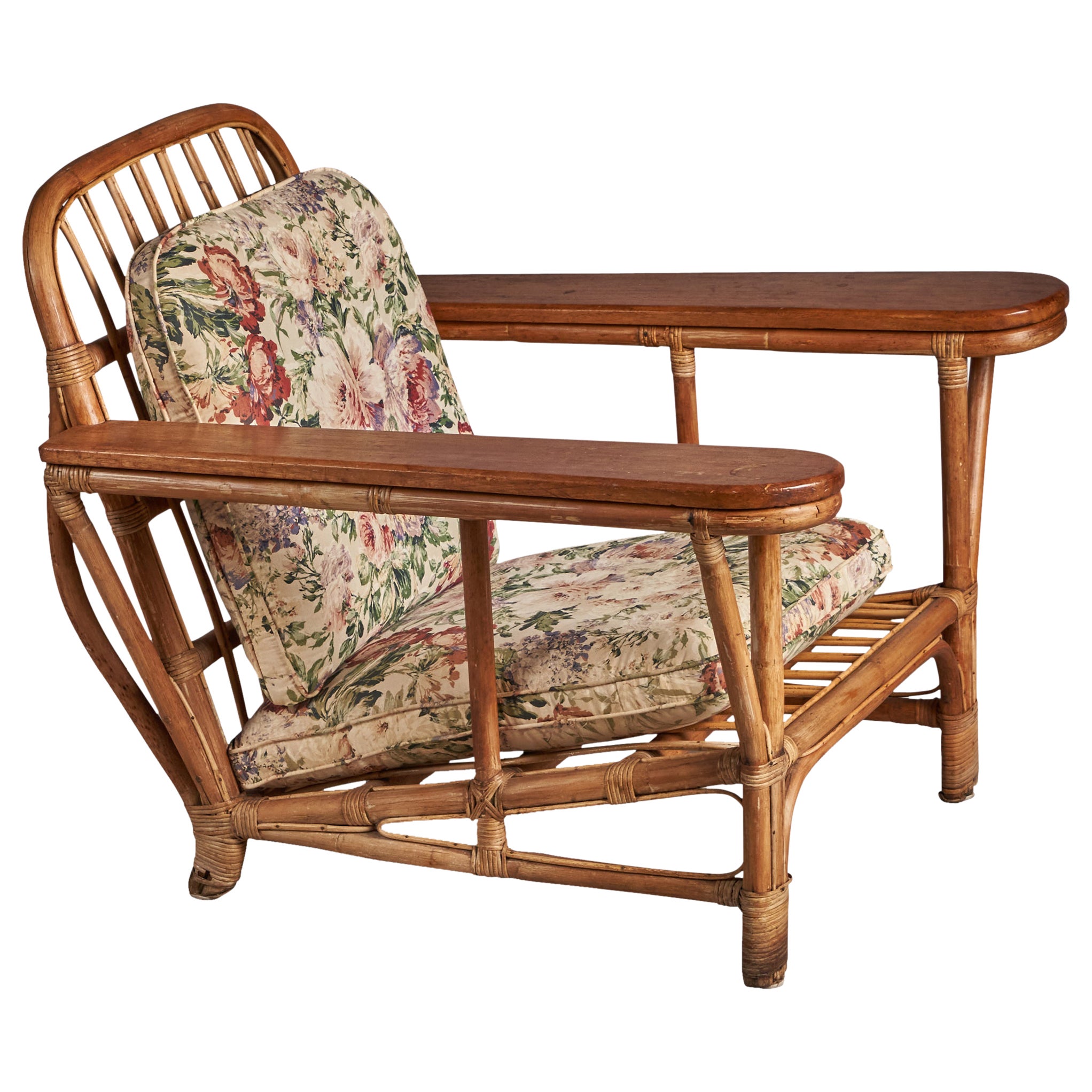 American Designer, Lounge Chair, Bamboo, Rattan, Wood, Fabric, USA, 1950s