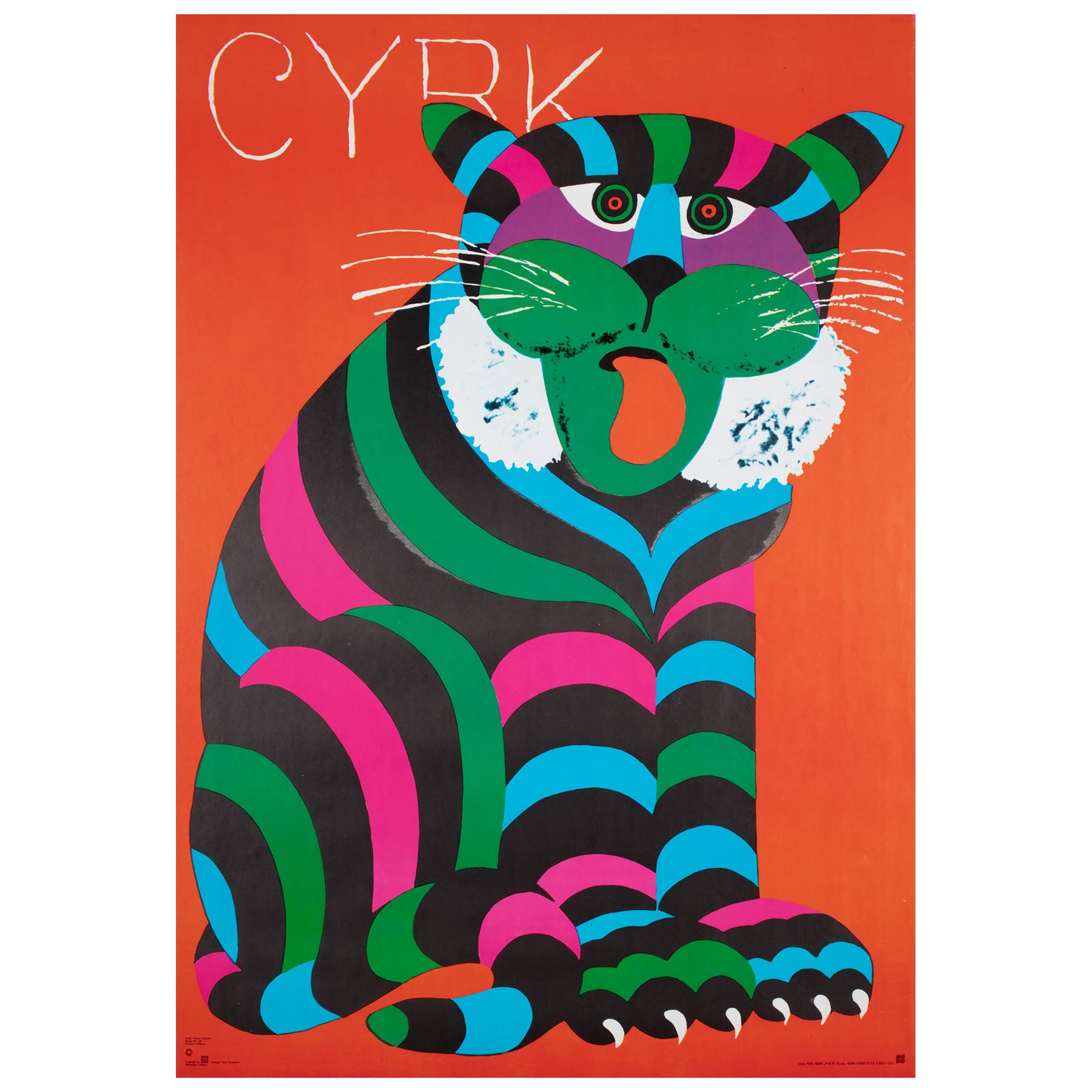Cyrk Large Stripy Cat Tiger 1979 Polish Circus Poster, Hubert Hilscher