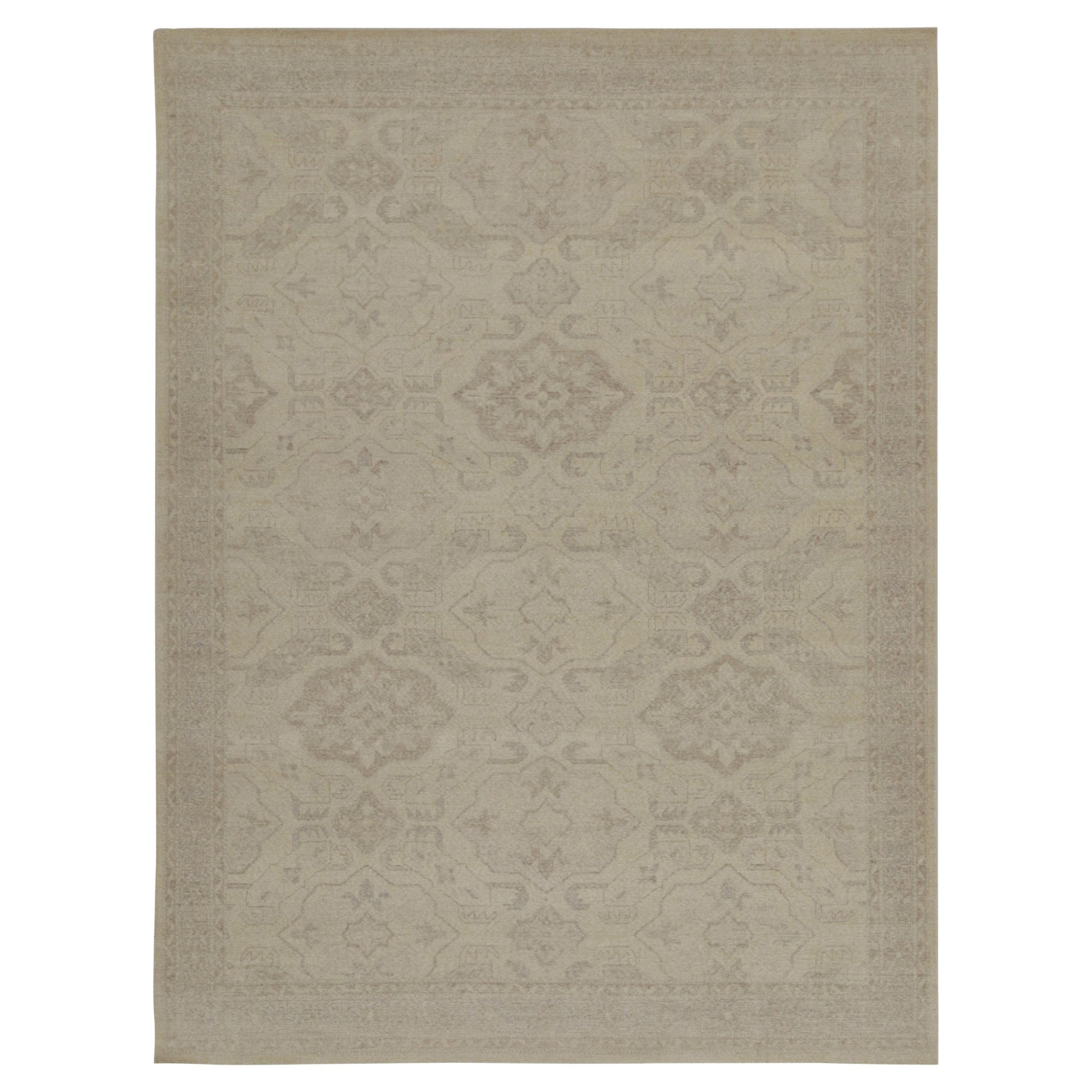 Rug & Kilim’s Distressed Tribal Style Rug in Greige Geometric Patterns For Sale
