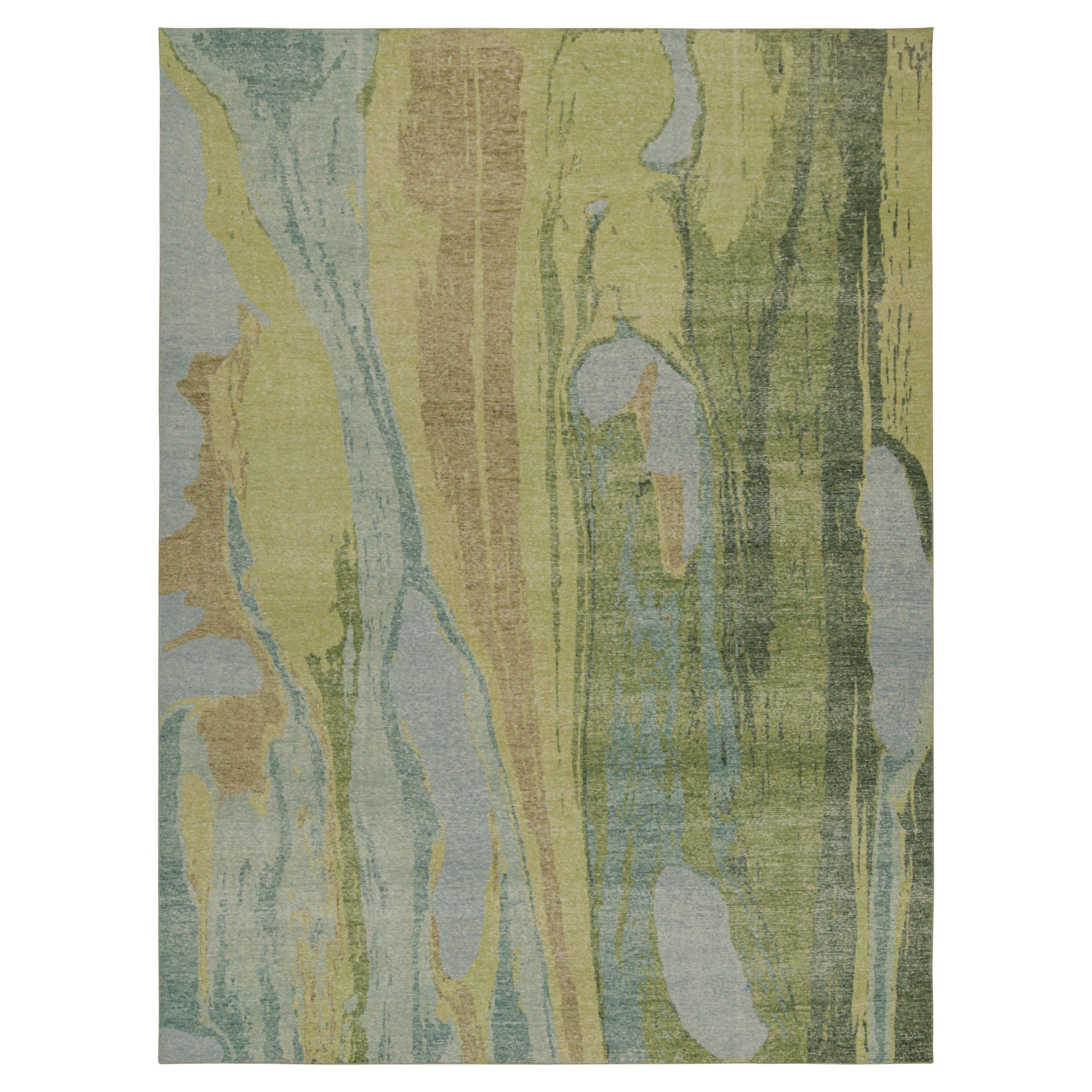 Rug & Kilim’s Distressed Style Abstract Rug in Blue and Green For Sale