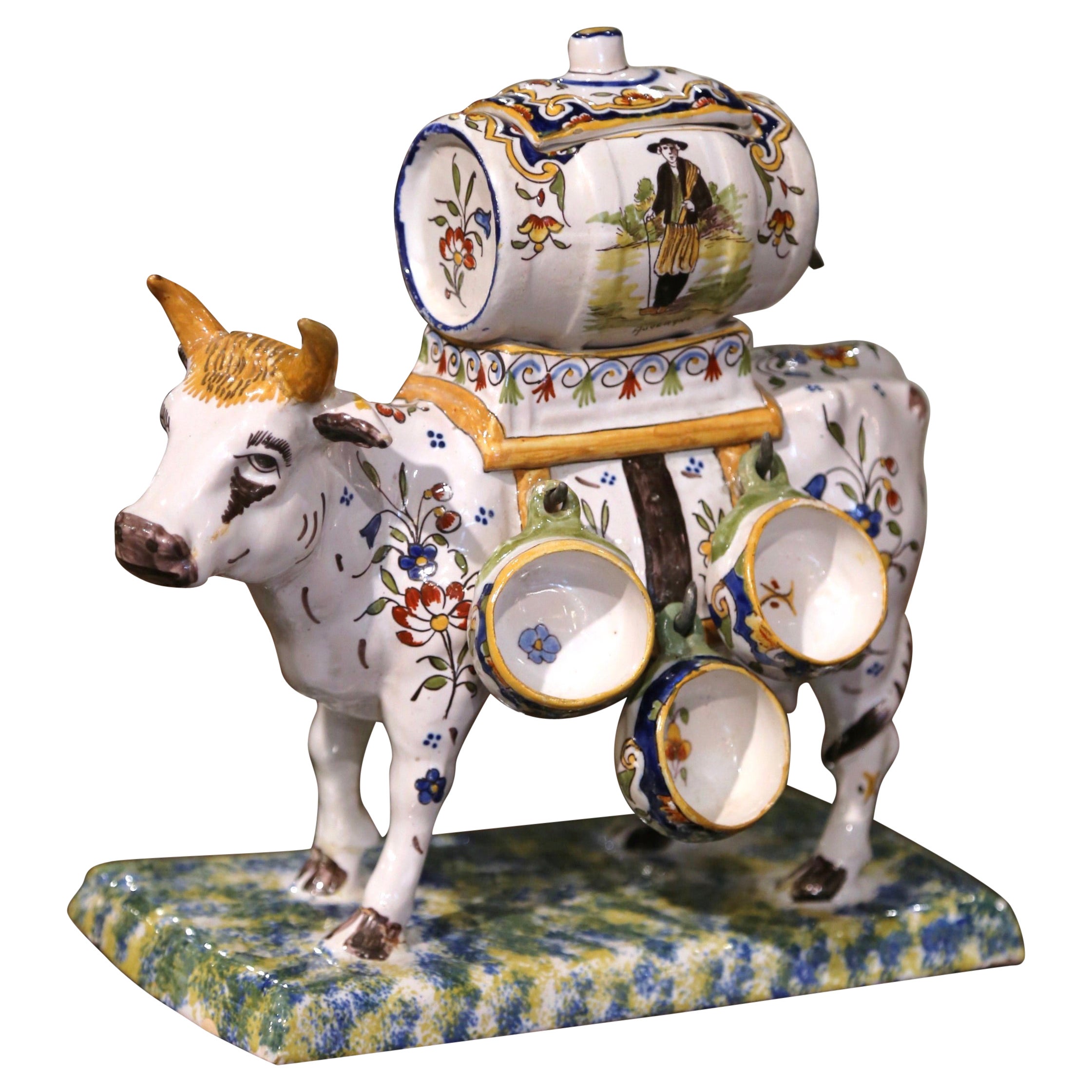 Mid-Century French Painted Faience Cow, Barrel and Shot Glasses Composition For Sale