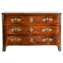 French Regence Period Walnut Serpenitne Shaped Brass Mounted 3-Drawer Commode